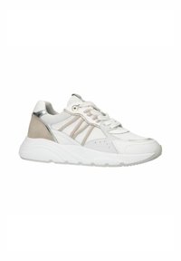 Weiße Sportsneaker mit Obermaterial aus Mesh in Beige- und Silbertönen, strukturiertem Finish und einer klobigen weißen Sohle.