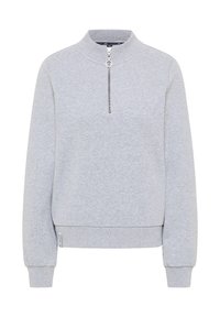 Lichtgrijze pullover sweatshirts met een hoge nek, halve rits, ribgebreide manchetten en een textuurstof. Geen zichtbare patronen of logo's.