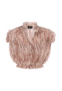 Roze blouse met een gestructureerde stof, gerimpelde kraag en korte pofmouwen. Koorddetails in de taille met bloemenpatroon accenten.