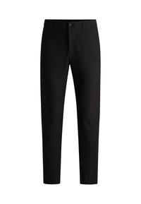 Pantaloni negri dintr-un material neted, cu un design ajustat, prezentând un sistem de închidere cu nasture și curea. Croială dreaptă, fără modele vizibile.