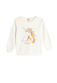 Felpa bianca a maniche lunghe con una grafica di unicorno, criniera multicolore, dettagli argentati e il testo "unicorno Magico" sotto.