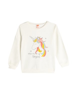 Sweatshirt blanc à manches longues avec un graphique de licorne, une crinière multicolore, des accents argentés et le texte "licorne Magique" en dessous.