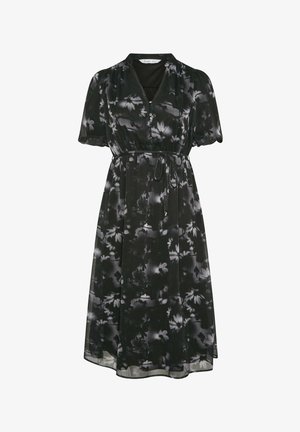 Vestito a stampa floreale in nero e grigio, con maniche corte a sbuffo, scollatura a V e dettaglio in vita con nodo. Tessuto leggero e plissettato.