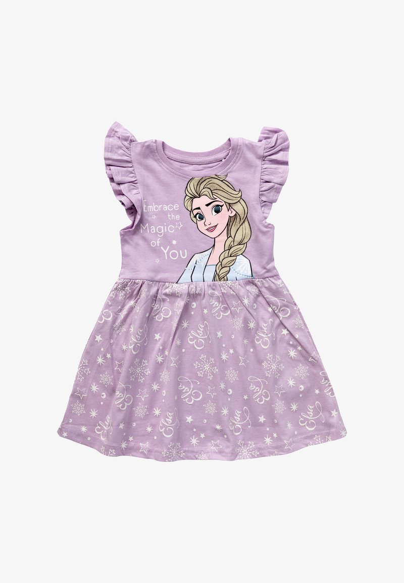 Robe lilas avec des manches courtes à volants, comportant une illustration imprimée d'un personnage et du texte. La jupe présente un motif féerique de flocons de neige et d'étoiles.