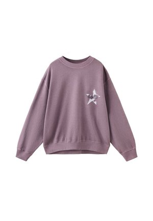 Sweat-shirt mauve à manches longues avec col rond, poignets et ourlet côtelés, avec un motif étoile blanche sur la partie gauche de la poitrine.