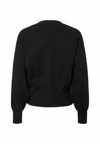 Czarny krótki sweter z miękkiego materiału. Posiada okrągły dekolt, długie rękawy oraz ściągacze przy mankietach i na dole.