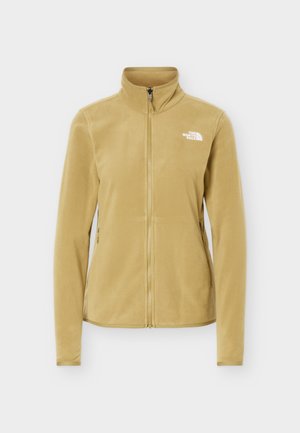 Φλις τζάκετ ανοιχτό καφέ με πλήρες φερμουάρ μπροστά, ψηλό γιακά, πλαϊνές τσέπες με φερμουάρ και λευκό λογότυπο "The North Face" στο αριστερό στήθος.