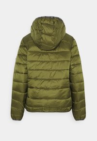 Oliivinvihreä toppatakki hupulla, jossa on tikatut osiot ja mustat logo-yksityiskohdat kauluksessa ja hihansuissa.