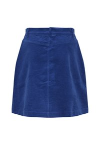 Blaue Corduroy-A-Linien-Rock mit vertikalen, strukturierten Streifen, ausgestattet mit einem Bund und einem Saum, der bis zur Mitte des Oberschenkels reicht. Verschluss nicht sichtbar.