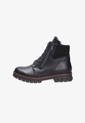 Bottines en cuir noir avec un empiècement texturé, des zips sur les côtés et une semelle robuste. Présente un accent en fourrure douce en haut.