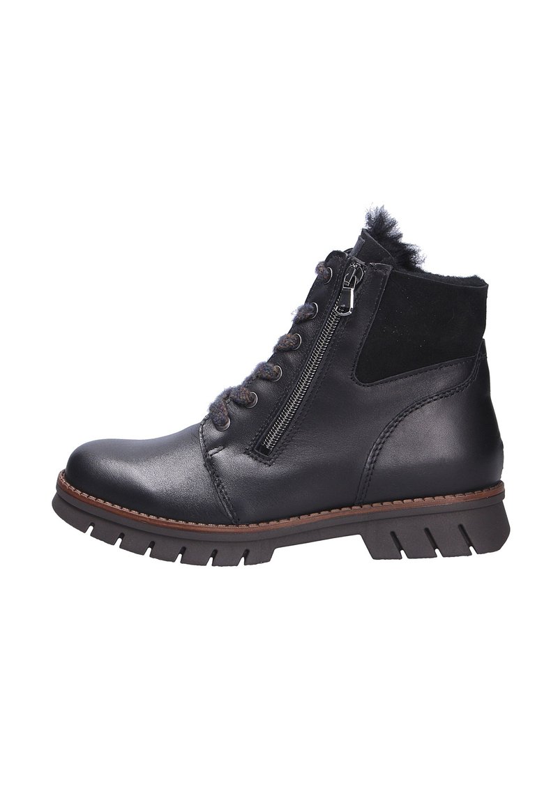 Schwarze Lederstiefeletten mit einer strukturierten Oberfläche, seitlichem Reißverschluss und einer robusten Sohle. Mit einem weichen Fellakzent oben.