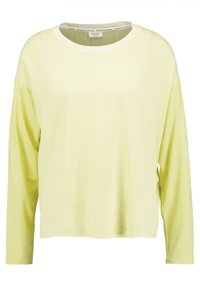 Lysegul langærmet skjorte til kvinder med rund halsudskæring og ribbet krave, lavet af en glat stofblanding.