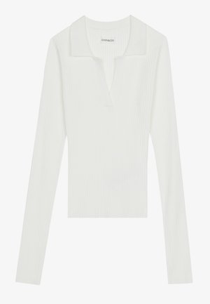 White ribbed long-sleeve polo shirt with a V-neck and contrasting collar, featuring a fitted design and soft texture.