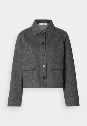 Graue, taillierte Jacke aus strukturiertem Stoff, mit Kragen, Knopfverschluss vorne und zwei aufgesetzten Taschen.