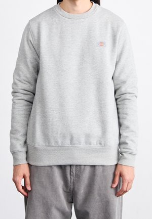 Helles graues Sweatshirt mit Rundhalsausschnitt, gerippten Bündchen und Saum. Kleines Logo-Patch auf der linken Brust. Weiche Textur, lässige Passform.