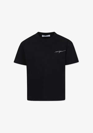 T-shirt in cotone nero con collo rotondo, maniche corte e un logo bianco in scrittura sul lato sinistro del petto. Design semplice e dritto.