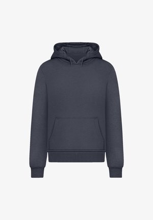 Navy blue hoodie with a front pocket, drawstring hood, ribbed cuffs, and hem. Smooth fabric with minimal texture and no visible patterns.