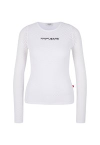 Weißes Langarmshirt mit Netzdesign, runder Halsausschnitt und dem Aufdruck "JOOP!JEANS" über der Brust.