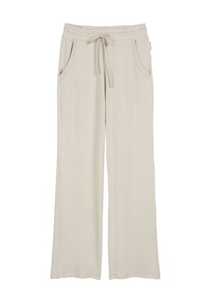 Hellbeige, weit geschnittene Hose aus weichem Stoff, mit einem elastischen Bund und Kordelzug sowie zwei seitlichen Taschen.