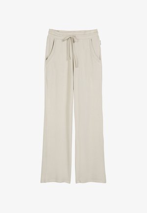 Hellbeige, weit geschnittene Hose aus weichem Stoff, mit einem elastischen Bund und Kordelzug sowie zwei seitlichen Taschen.