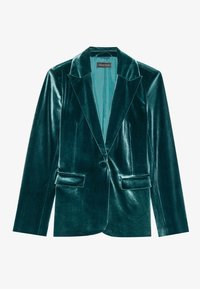 Tyrkysový sametový blejzr s klopovým límcem, jedním knoflíkem, dvěma předními kapsami a hladkou podšívkou. Klasický tailored design.