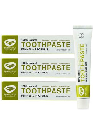 Natural toothpaste packaging, white with green accents. Contains "FENNEL & PROPOLIS" text. Three boxes stacked, one tube on the right.