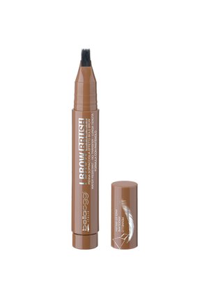 Pennello per sopracciglia marrone con setole nere angolate, etichettato "LBROW BRUSH" e tappo con illustrazione di una piuma.