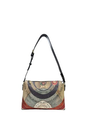 Borsa a tracolla con cinturino nero, caratterizzata da un motivo astratto circolare colorato e piccolo tiralampo dorato.