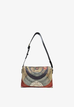 Borsa a tracolla con cinturino nero, caratterizzata da un motivo astratto circolare colorato e piccolo tiralampo dorato.