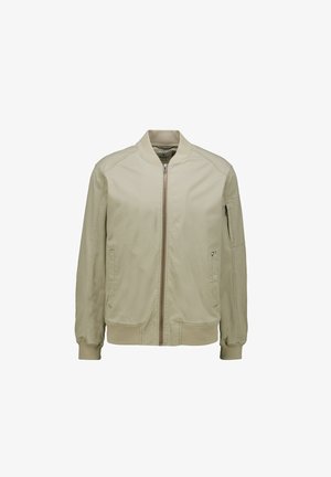 Giacca bomber color kaki con chiusura frontale a zip, polsini e orlo a costine, tasche laterali e tasca sulla manica con zip. Tessuto dalla trama liscia.