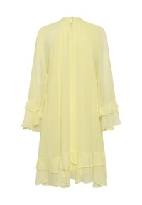Robe jaune clair à manches longues avec des poignets et un ourlet froncés, dotée d'une fermeture par bouton à trou à l'encolure.