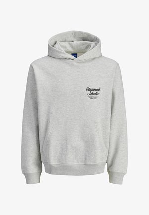 Sweatshirt à capuche gris clair avec une poche frontale et le texte "Originals Studio" imprimé sur la poitrine gauche en noir.