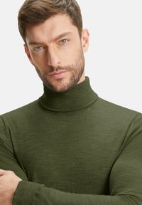 Dunkelgrüner Rollkragenpullover aus einem weichen, strukturierten Stoff. Figurbetonter Schnitt mit langen Ärmeln und hohem Kragen.