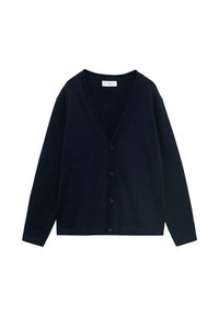 Námořnický modrý svetr vyrobený z měkk�é tkaniny, s výstřihem do V, zapínáním na knoflíky, dlouhými rukávy a rovním lemem.