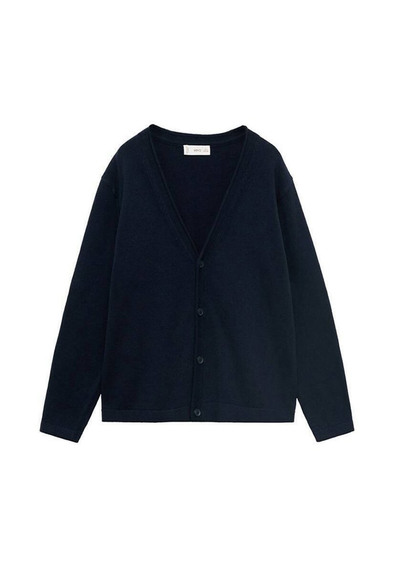 Námořnický modrý svetr vyrobený z měkké tkaniny, s výstřihem do V, zapínáním na knoflíky, dlouhými rukávy a rovním lemem.