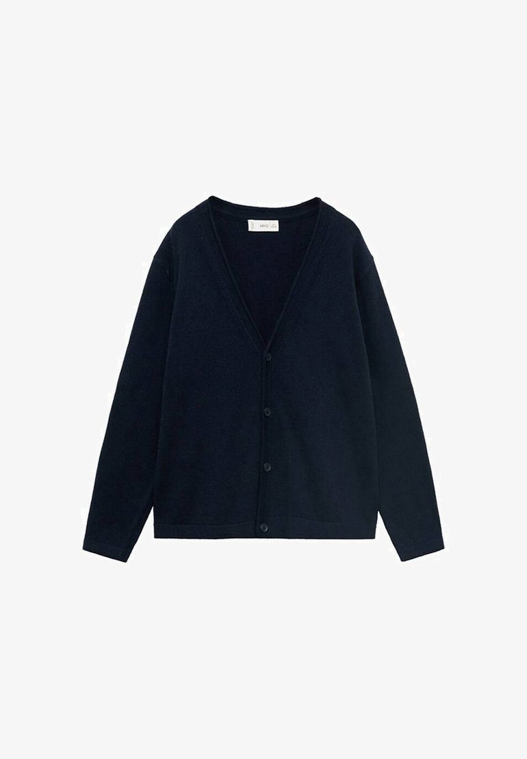 Cardigan bleu marin confecționat dintr-un material moale, cu decolteu în V, închidere cu nasturi, mâneci lungi și tiv drept.