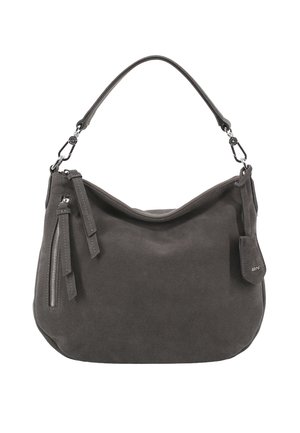 Sac à épaule en daim gris foncé avec une seule poignée, poche latérale zippée et petite étiquette de marque attachée.