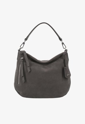 Dark gray suede shoulder bag with a single handle, zippered side pocket, and small brand tag attached.
