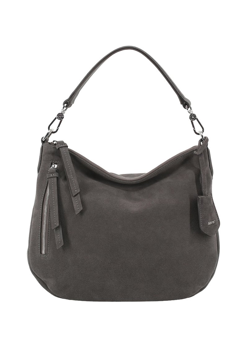 Dark gray suede shoulder bag with a single handle, zippered side pocket, and small brand tag attached.