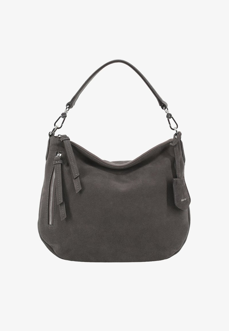 Dark gray suede shoulder bag with a single handle, zippered side pocket, and small brand tag attached.