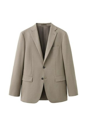 Jasnobrązowa marynarka męska z klapami z wycięciem, dwoma przednimi kieszeniami z patkami, jedną kieszenią na piersi oraz zapięciem na dwa guziki.