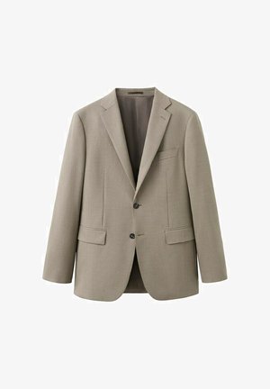 Jasnobrązowa marynarka męska z klapami z wycięciem, dwoma przednimi kieszeniami z patkami, jedną kieszenią na piersi oraz zapięciem na dwa guziki.