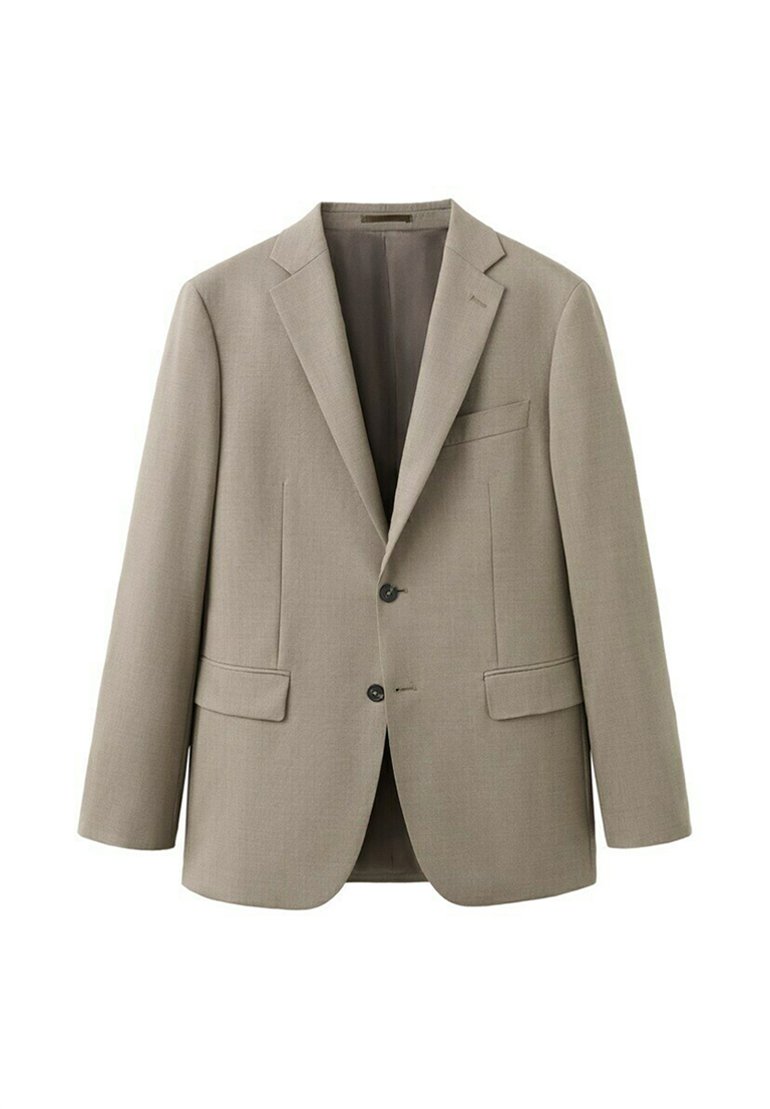 Lichtbruine herenblazer met inkeping revers, twee klepzakken aan de voorkant, een borstzak en een sluiting met twee knopen.