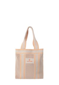 Beige gaas tote bag met oranje strepen en logo. Voorzien van stevige handvatten en een gestructureerd oppervlak voor een modern, functioneel ontwerp.
