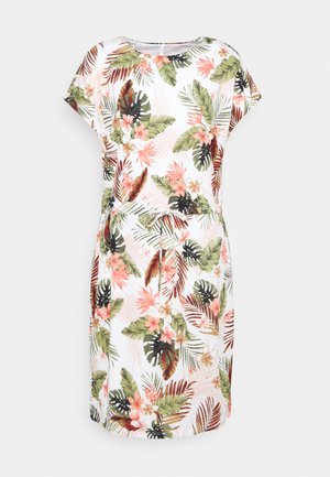 Weißes kurzärmeliges Kleid mit tropischem Blumenmuster in Grün, Pfirsich und Braun, mit einem runden Halsausschnitt und einem Taillengürtel.