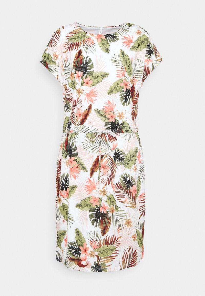 Robe blanche à manches courtes avec imprimé floral tropical en vert, pêche et marron, présentant un col rond et une ceinture à nouer à la taille.