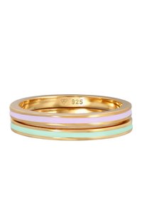 Goldfarbene Metallring mit drei schmalen Bändern: einem lavendelfarbenen, einem mintgrünen und einem goldenen, die glatte Oberflächen und glänzende Akzente aufweisen.