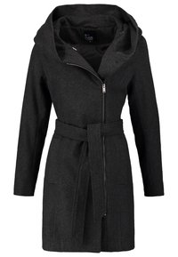 Abrigo de lana gris oscuro con una gran capucha drapeada, cremallera frontal y cintura con cinturón. Cuenta con mangas largas y textura suave.