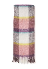Szalik w kratę z miękkiej, teksturowanej wełny, ozdobiony białymi, różowymi, fioletowymi i szarymi kwadratami, z frędzlami oraz akcentem w kolorze żółtym i szmaragdowym.