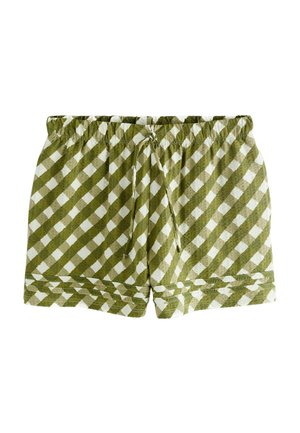 Pantaloni scurți în carouri verde și alb cu talie elastică și șnur, pliați plat pe un fundal alb.